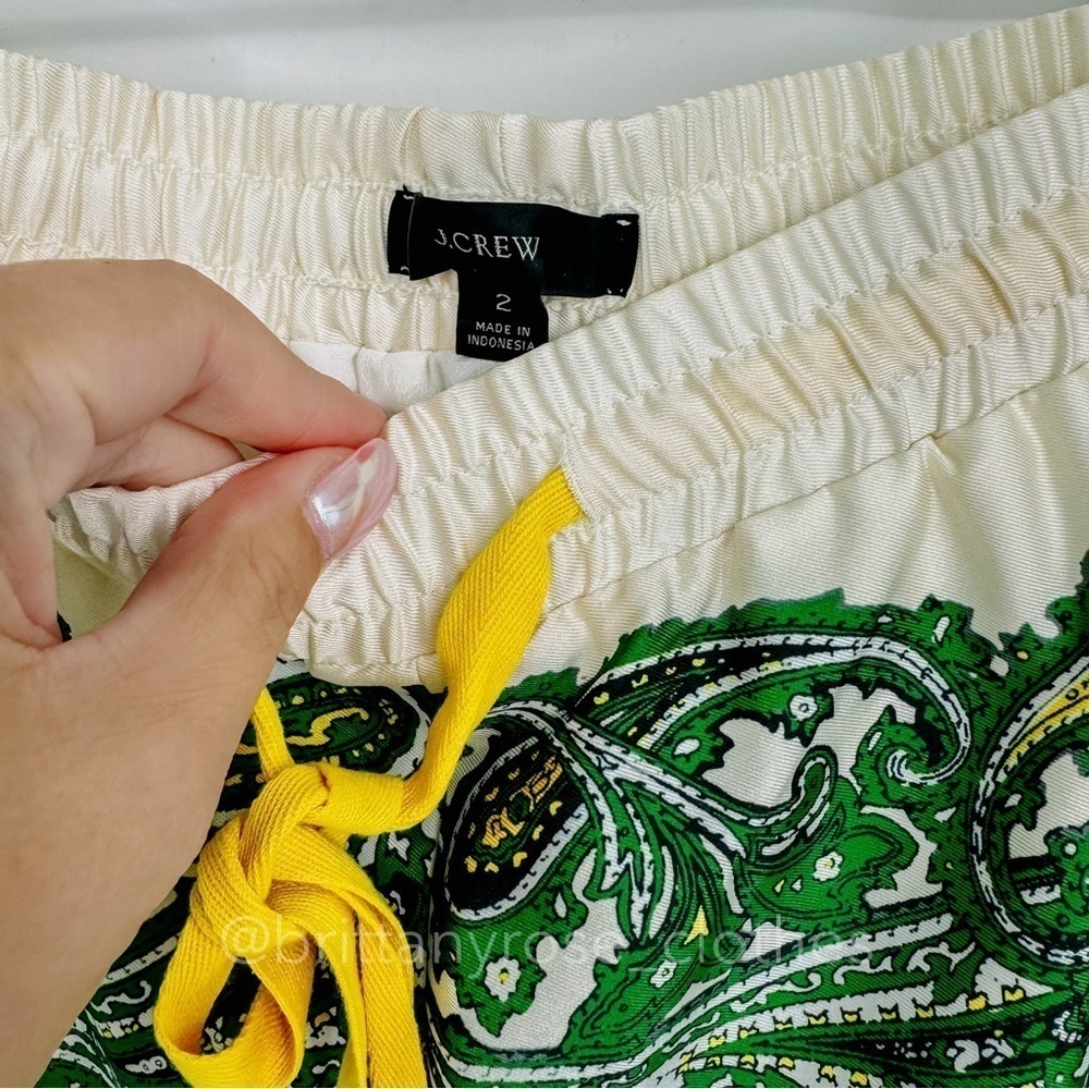 J. Crew Green Paisley Print Wide-Leg Pants with Yellow Drawstring - Picture 4 of 8